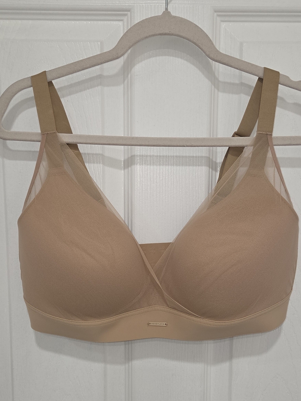 HONEYLOVE Tan Beige Sand CrossOver V-Neck Wireless Bra Mesh Padded Plus Sz 38DD.